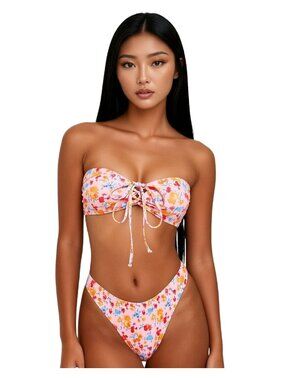 Medium Pink Floral Ribbed Bandeau Bikini Set With Tie Front Cheeky Bottom NWT